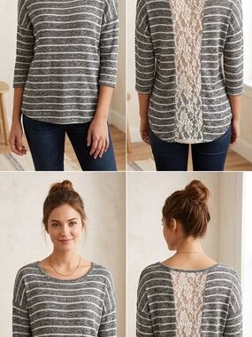 Common Sense Gray Striped Lace-Panel Pullover.    WS 88